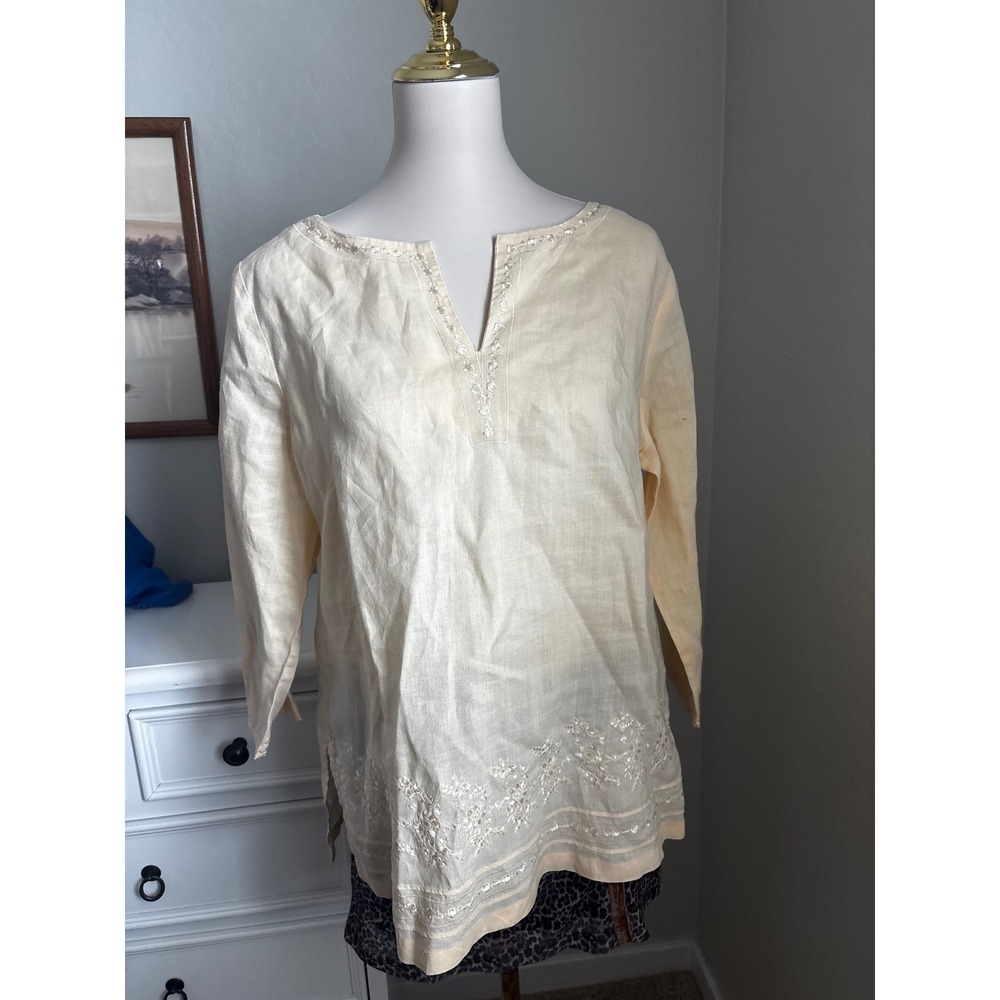 Vintage Cream Ramie Embroidered Tunic Top V-Neck Boho Coastal 100% Ramie